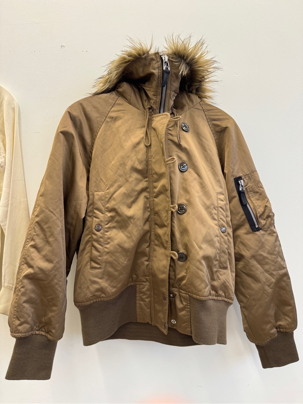 UNISEX GAP Faux Fur Trim Snorkel Bomber Jacket Size M Tan Camel